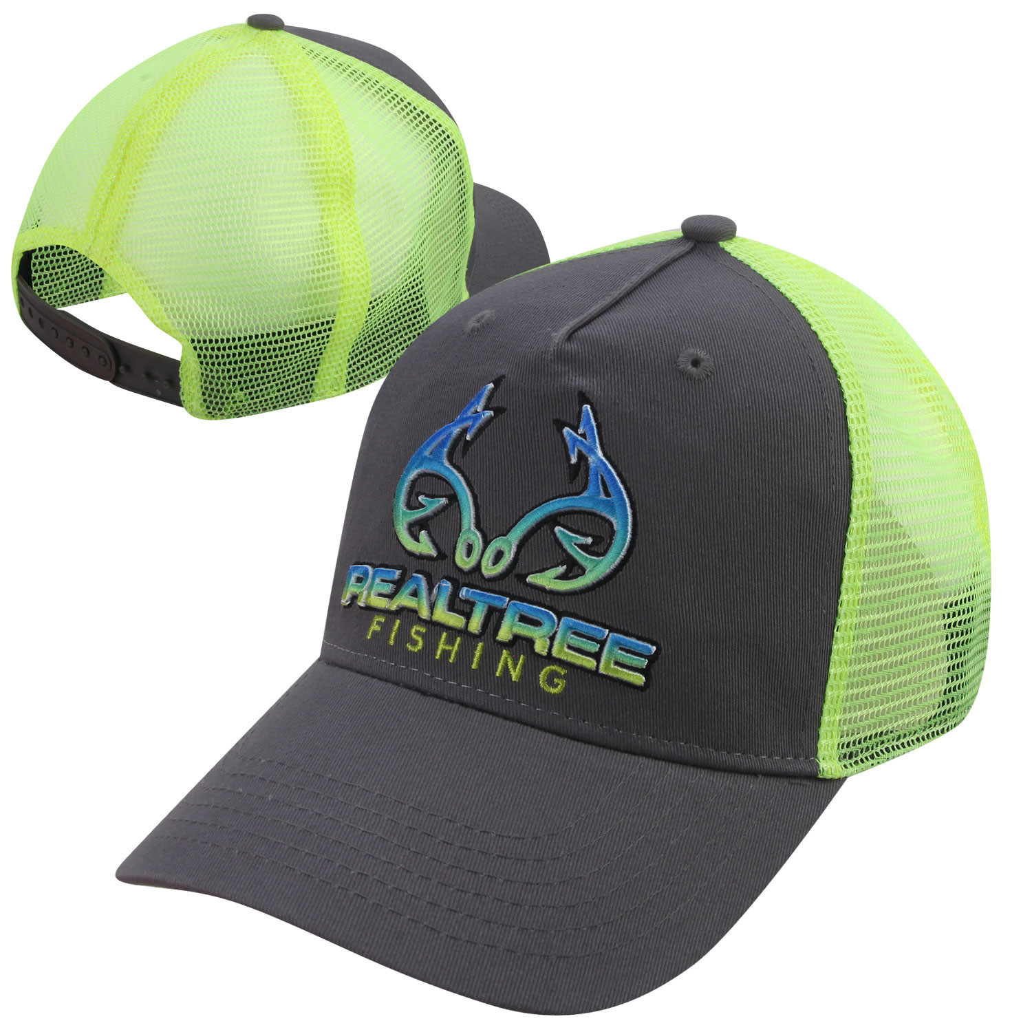 Fishing Hooks Realtree Camo Trucker Hat, Neon Yellow