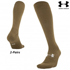 UA Socks: 2-PAIR Tactical Heatgear Over the Calf (L)- Brown/White