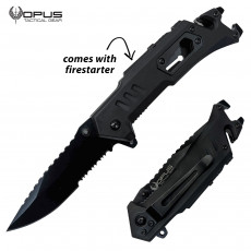 Opus Tactical Multi-Tool Partially Serrated Drop Point Folder Knife- Black Nylon Fiber